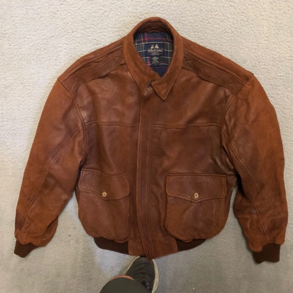 VTG Willis & Geiger‎ Leather Bomber Jacket Mens L Brown Plaid Lined Made in USA